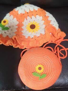 Women Crochet Hat Floral Crochet Bucket hat and purse